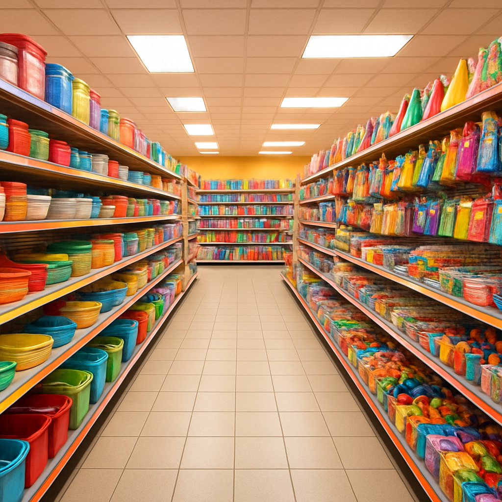 Inside Bargain Base store showing colourful shelves stocked with household goods and party supplies