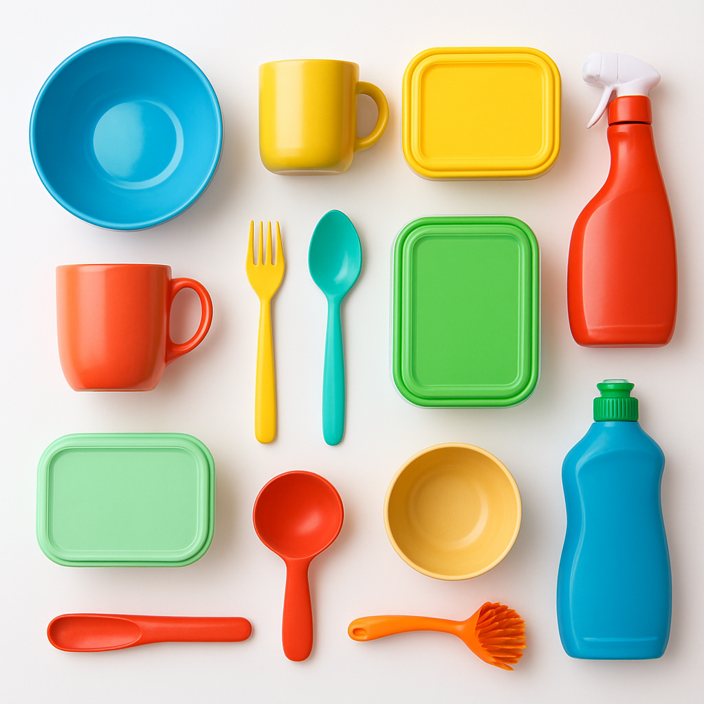 Flat lay of colourful household goods and kitchenware including bowls, mugs and storage containers