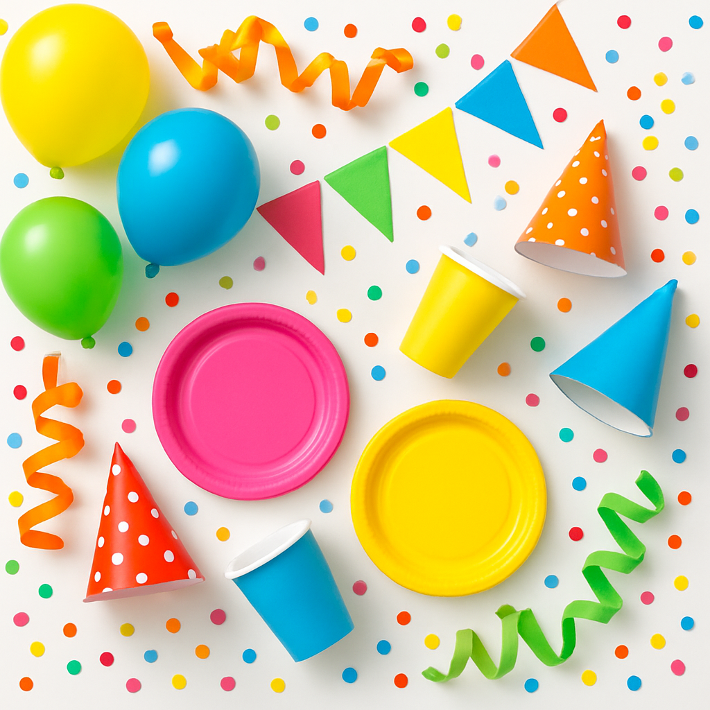 Colourful party supplies including balloons, streamers, paper plates and party decorations