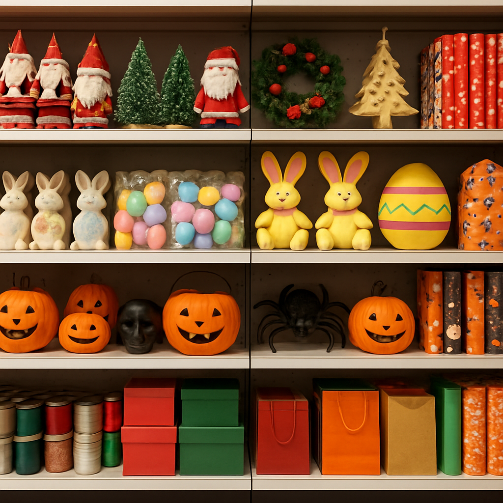 Seasonal and holiday merchandise including Christmas decorations and festive gift items