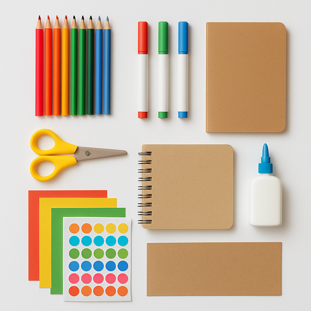 Stationery and craft materials including coloured pencils, notebooks and craft supplies
