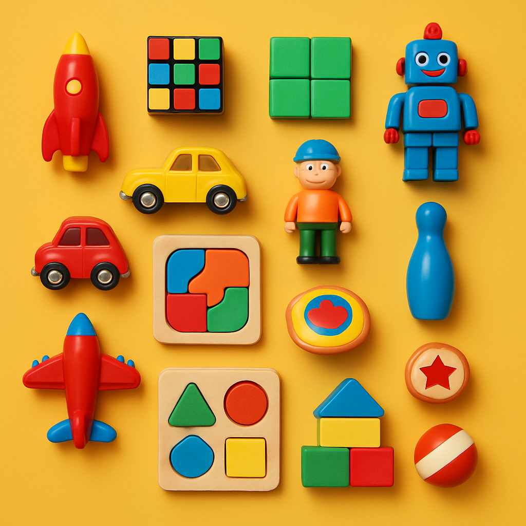 Assortment of colourful toys including toy cars, building blocks and novelty items